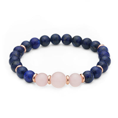 Lapis Lazuli & Rose Quartz Crystal Bracelet, Pink Quartz/Rose Gold Mala Jewelry, Semi-precious Gemstone Beads, 7.5 inches stackable stretch bracelets, royal blue colored jewelry