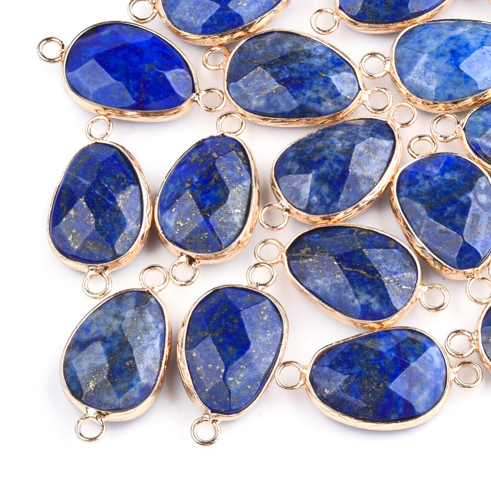 Faceted Natural Lapis Lazuli Link Connectors, Teardrop Shape.  Blue Colored Connector for DIY Jewelry Making.   Size: 27mm Length, 14mm Width, 6mm Thick, Hole: 2mm, Quantity: 1pcs/bag.  Material: Genuine Lapis Lazuli Stone Beads. Tear Drop Shaped with Golden Brass Findings.