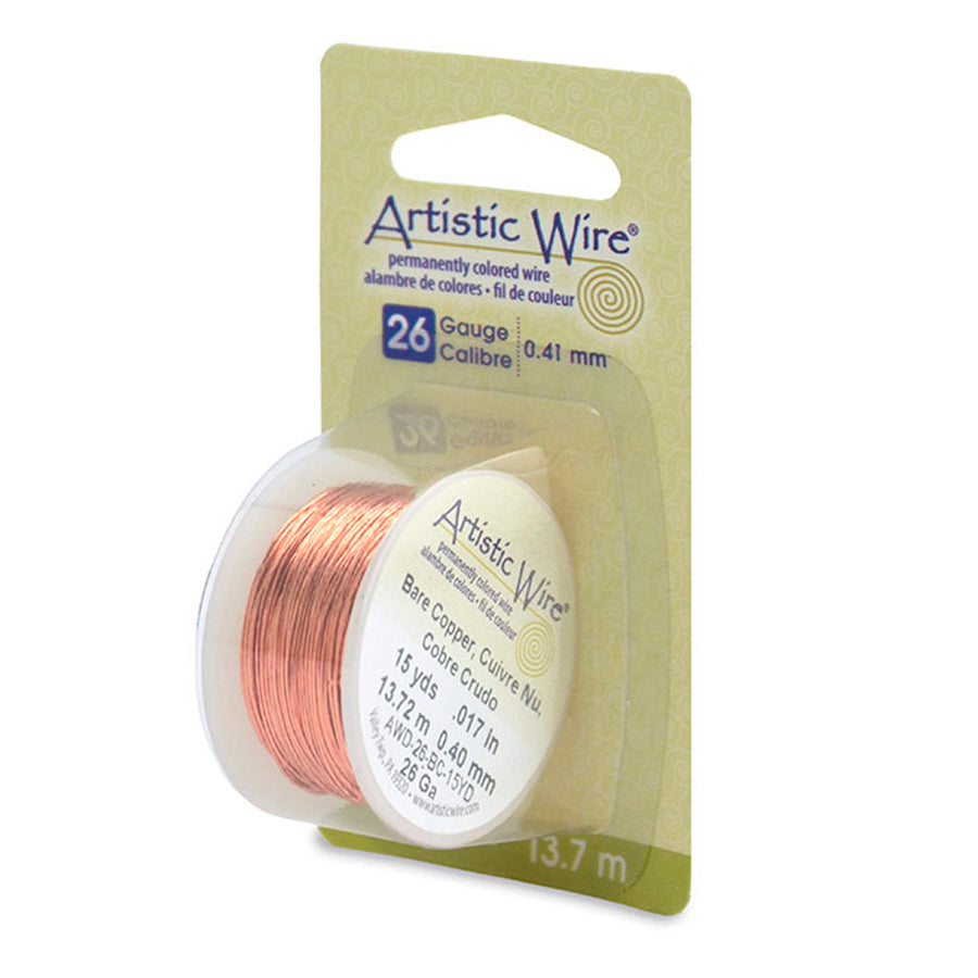 Bare Copper Craft Wire for DIY Jewelry Making and Wire Wrapping Projects.  Size: 26 Gauge (0.41mm) Brass Craft Wire, 15 yd/13.7m Length.  Color: Copper  Material: Bare Copper Wire  Brand: Artistic Wire