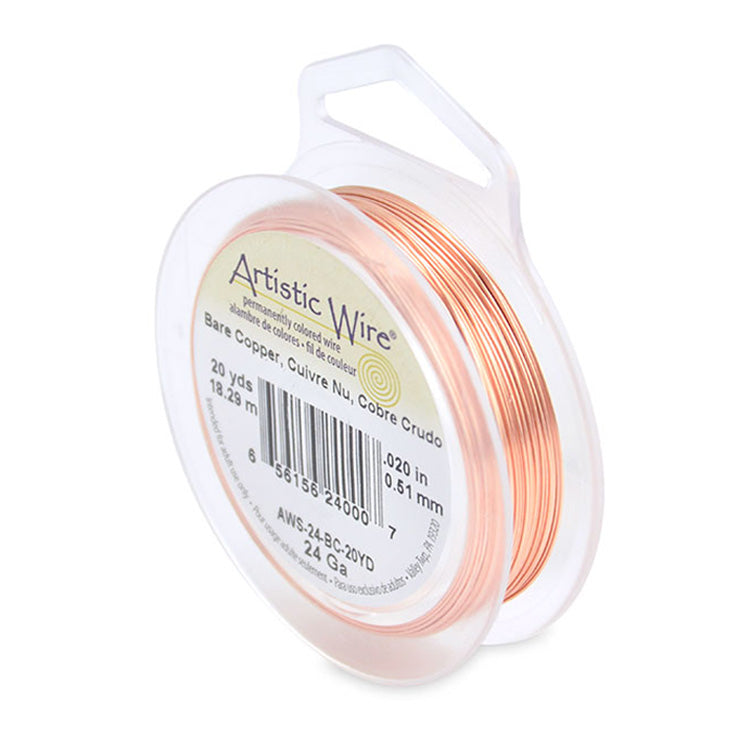 Bare Copper Craft Wire for DIY Jewelry Making and Wire Wrapping Projects.  Size: 24 Gauge (0.51mm) Brass Craft Wire, 20 yd/18.2m Length.  Color: Copper  Material: Bare Copper Wire  Brand: Artistic Wire