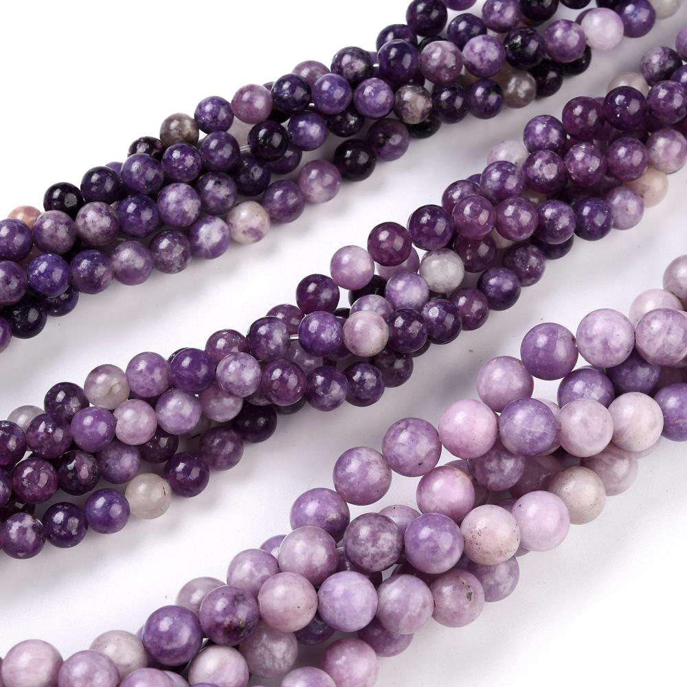 Lepidolite Beads, Round, Purple Color. Purple Mica Semi-Precious Gemstone Beads for DIY Jewelry Making.   Size: 8mm Diameter, Hole: 1mm; approx. 48pcs/strand, 15" Inches Long.  Material: Genuine Natural Lepidolite Beads, Light Purple Color. Polished, Shinny Finish. 