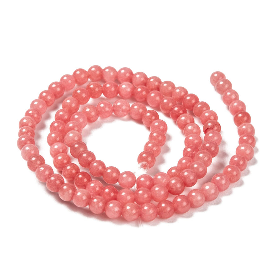 Light Coral Jade Beads, Round, Light Coral Pink Color. Semi-Precious Crystal Gemstone Beads for Jewelry Making.   Size: 4mm Diameter, Hole: 1mm; approx. 91pcs/strand, 15" inches long.  Material: Malaysia Jade, Dyed Light Coral Pink. Polished, Shinny Finish.