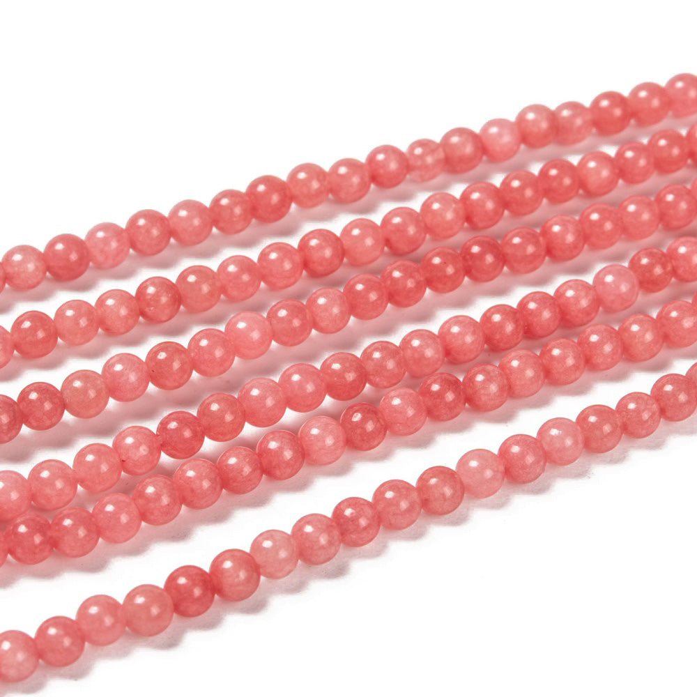 Light Coral Jade Beads, Round, Light Coral Pink Color. Semi-Precious Crystal Gemstone Beads for Jewelry Making.   Size: 4mm Diameter, Hole: 1mm; approx. 91pcs/strand, 15" inches long.  Material: Malaysia Jade, Dyed Light Coral Pink. Polished, Shinny Finish.