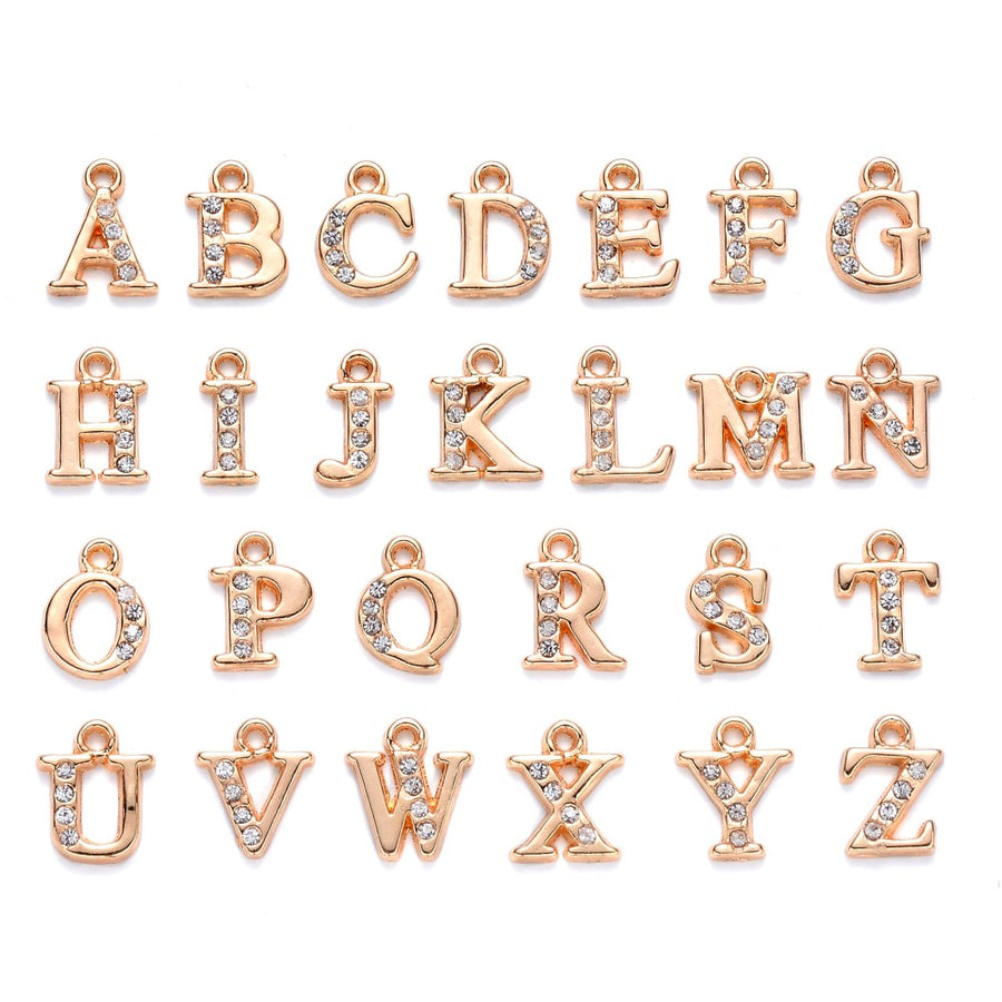 Light Gold Alloy Rhinestone Alphabet Charms, Clear Crystal, Gold Colored Letter A-Z Charms for DIY Jewelry Making. Alphabet Charms for Bracelet and Necklace Making. www.beadlot.com