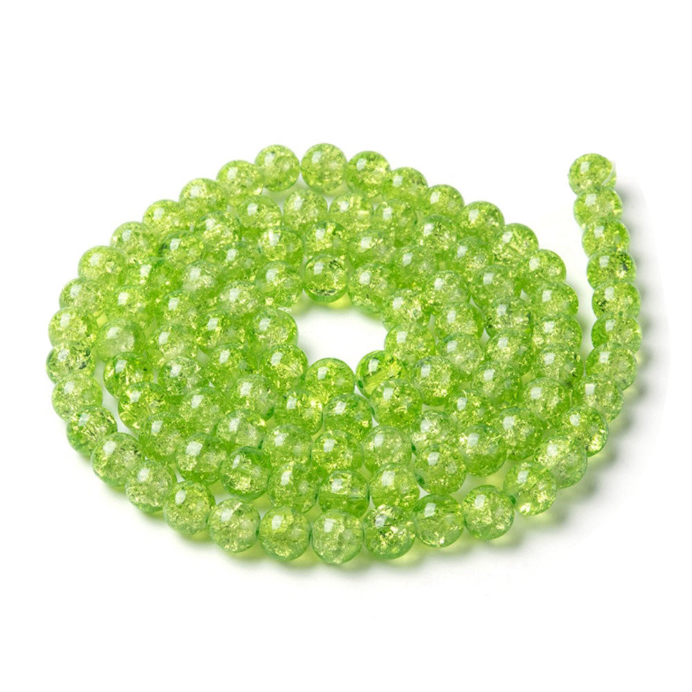 Popular Crackle Glass Beads, Round, Light Lime Green Color. Glass Bead Strands for DIY Jewelry Making. Affordable, Colorful Crackle Beads. Great for Stretch Bracelets.  Size: 4mm Diameter Hole: 1.1mm; approx. 198pcs/strand, 31" Inches Long  Material: The Beads are Made from Glass. Crackle Glass Beads, Lime Green Colored Beads with Clear Markings.  Polished, Shinny Finish.