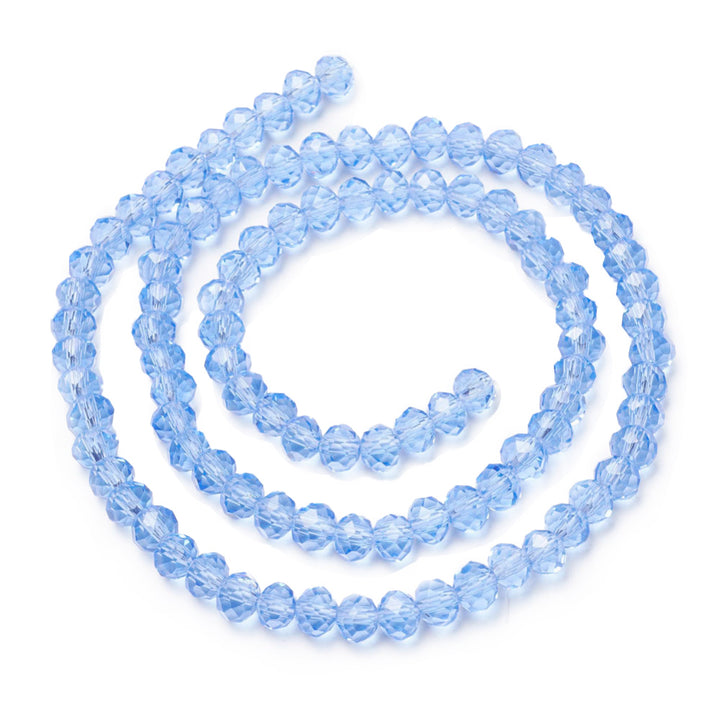 Glass Crystal Beads, Faceted, Light Sky Blue Color, Rondelle, Glass Crystal Bead Strands. Shinny Crystal Beads for Jewelry Making.  Size: 8mm Diameter, 6mm Thick, Hole: 1mm; approx. 65-68pcs/strand, 16" inches long.  Material: The Beads are Made from Glass. Glass Crystal Beads, Rondelle, Sky Blue Colored Beads. Polished, Shinny Finish.