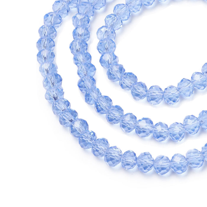 Glass Crystal Beads, Faceted, Light Sky Blue Color, Rondelle, Glass Crystal Bead Strands. Shinny Crystal Beads for Jewelry Making.  Size: 8mm Diameter, 6mm Thick, Hole: 1mm; approx. 65-68pcs/strand, 16" inches long.  Material: The Beads are Made from Glass. Glass Crystal Beads, Rondelle, Sky Blue Colored Beads. Polished, Shinny Finish.