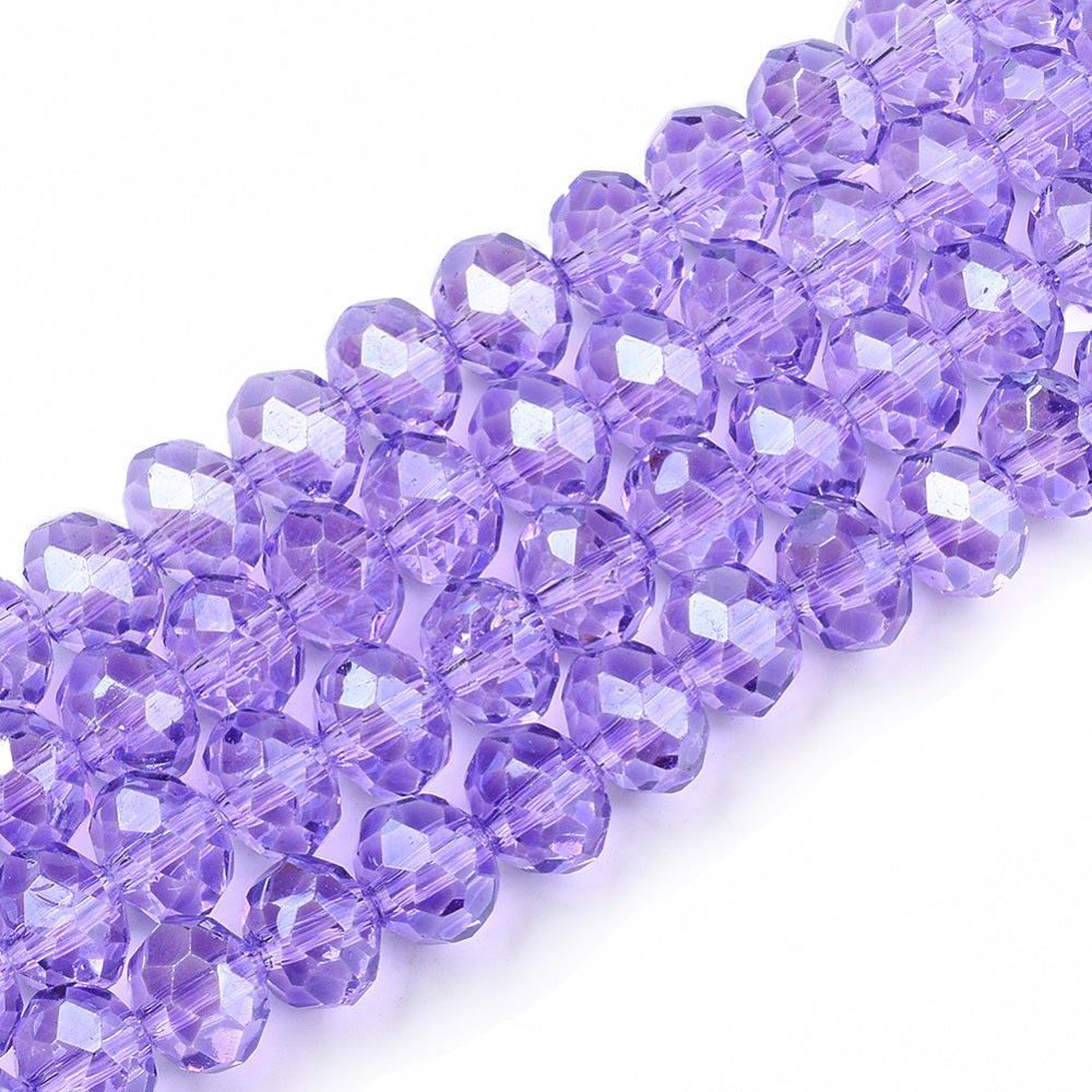 Pearl Luster Plated Glass Beads, Faceted, Rondelle, Lilac Color, Glass Crystal Beads for Jewelry Making.  Size: 6mm Diameter, 4.5mm Thick, Hole: 1mm; approx. 85pcs/strand, 16" inches long.  Material: The Beads are Made from Glass. Pearl Luster Plated Glass Crystal Beads, Rondelle, Lilac Color. Sparkling, Shinny Finish.