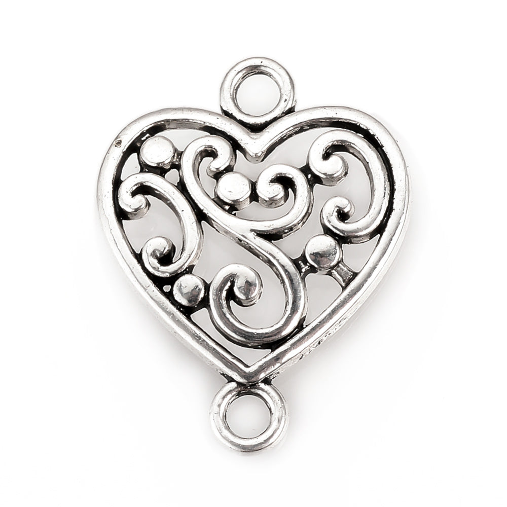 Tibetan Link Connectors, Heart. Antique Silver Colored Connector for DIY Jewelry Making.   Size: 19mm Length, 14mm Width, 2mm Thick, Hole: 2mm, Quantity: 3pcs/bag  Material: Alloy (Lead and Cadmium Free) Connectors, Links. Heart Shaped. Antique Silver Color. Shinny Finish.