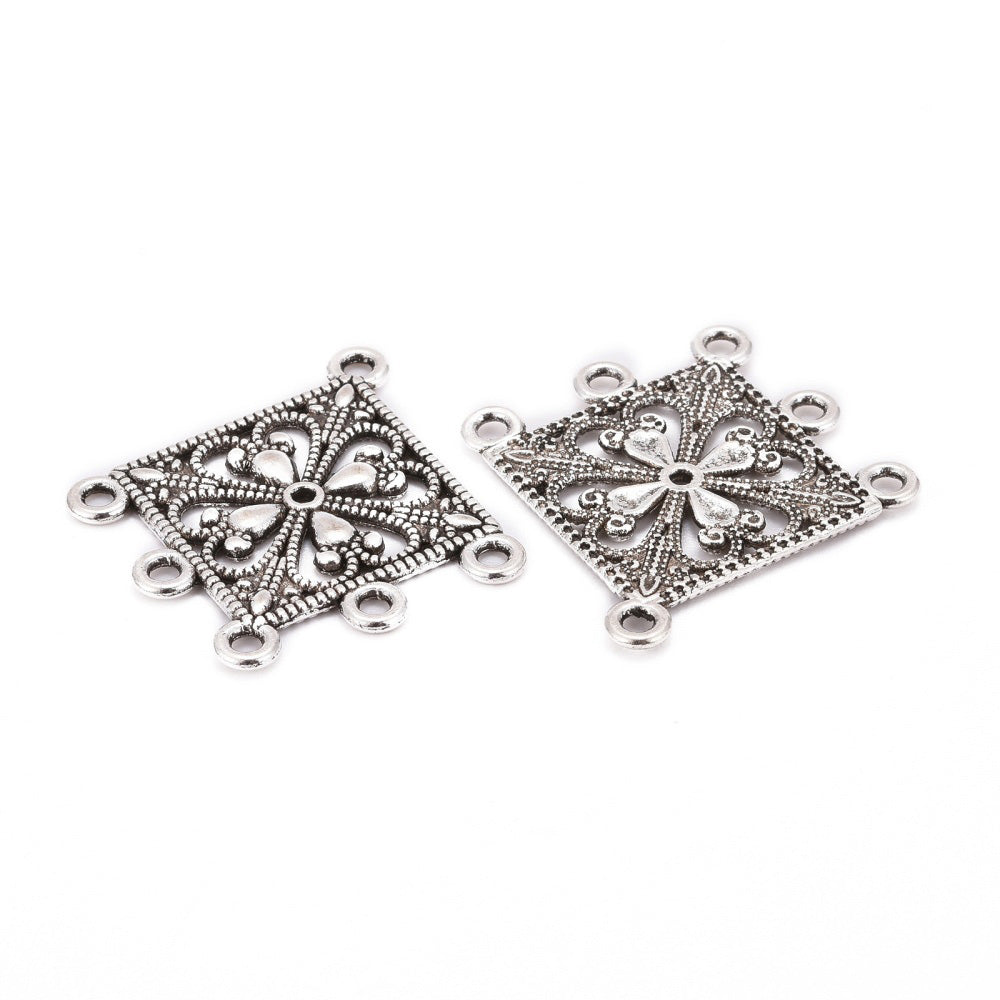 Tibetan Link Connectors, Rhombus Chandelier. Antique Silver Colored Connector for DIY Jewelry Making. Great for Making Boho Earrings or Dangle Earrings.  Size: 35mm Length, 33mm Width, 1.5mm Thick, Hole: 2mm, Quantity: 4pcs/bag.  Material: Alloy (Lead and Cadmium Free) Connectors, Links.. Antique Silver Color. Shinny Finish.
