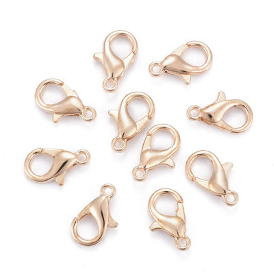 Lobster Claw Clasp for DIY Jewelry Making. Light Gold Color, Parrot Trigger Clasps.  Size: 12x6mm, Hole: 1.2mm, 10 pcs/package  Material: Alloy Lobster Clasps, Cadmium and Lead Free.   Usage: These Clasp are used to finish of necklaces or bracelets.