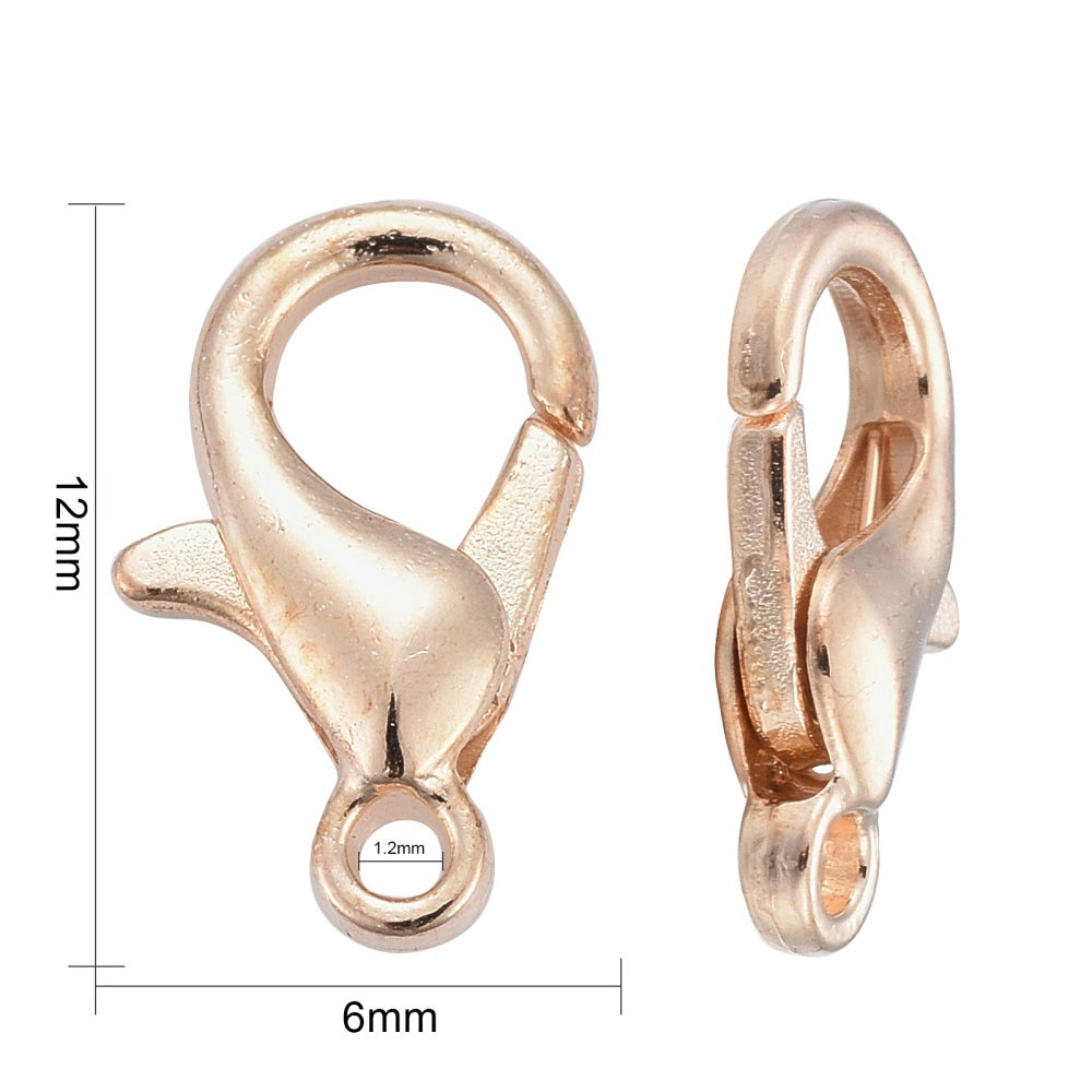 Lobster Claw Clasp for DIY Jewelry Making. Light Gold Color, Parrot Trigger Clasps.  Size: 12x6mm, Hole: 1.2mm, 10 pcs/package  Material: Alloy Lobster Clasps, Cadmium and Lead Free.   Usage: These Clasp are used to finish of necklaces or bracelets.