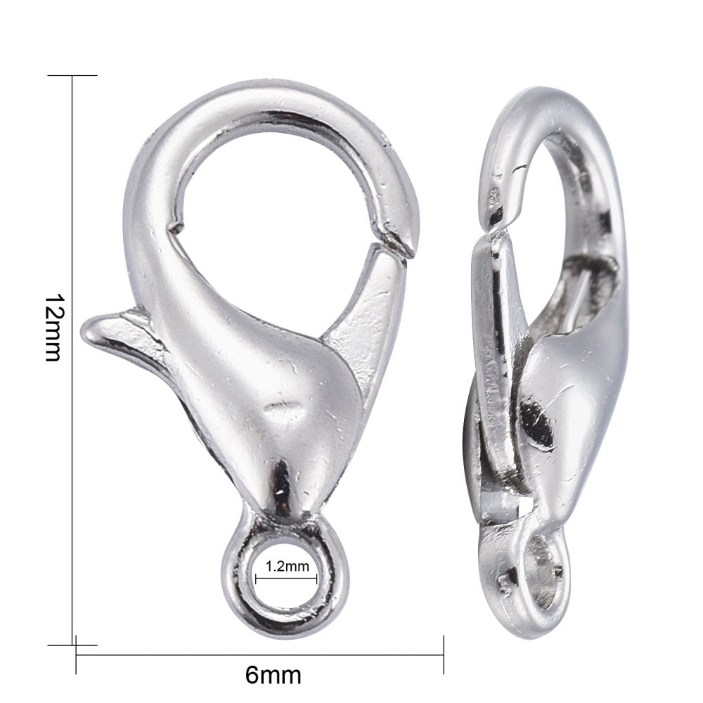 Lobster Claw Clasp for DIY Jewelry Making. Silver Color, Parrot Trigger Clasps.  Size: 12x6mm, Hole: 1.2mm, 10 pcs/package  Material: Alloy Lobster Clasps, Cadmium and Lead Free.   Usage: These Clasp are used to finish of necklaces or bracelets.