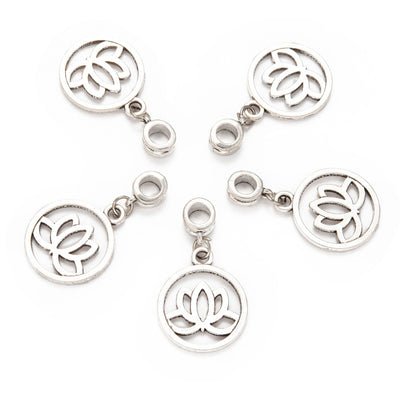 Antique Silver European Large Hole Style Dangle Charms. Yoga Lotus Charm Pendant for DIY Jewelry Making Projects.   Size: 36mm Diameter, Hole: 5mm, approx. 5pcs/bag.   Material: Alloy Dangle Charms Flat Round Charm with Yoga Lotus Design. Antique Silver Color. Shinny Finish.