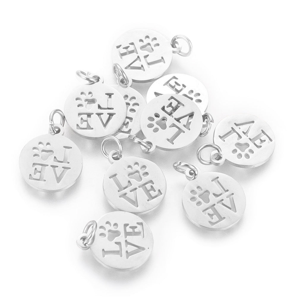 304 Stainless Steel Flat Round Charms with LOVE and Paw Print, Stainless Steel Colored Charms for DIY Jewelry Making. Charms for Bracelet and Necklace Making.  Size: approx. 12mm Width, 14mm Length, 1mm Thick, Hole: 3mm, Quantity: 1 pcs/bag.   Material: 304 Stainless Steel Charms. Stainless Steel Silver Color. Polished Shinny Finish.