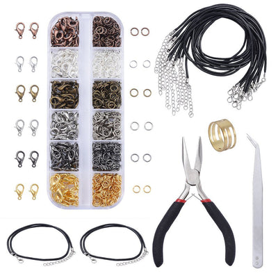 DIY Jewelry Making Kit. Multi Color Jewelry Making Set. Kit Comes with Stringing Materials, Pliers, Tweezers, Lobster Claw Clasps in 6 Colors and Jump Rings in 6 Colors.  Sizes by Category:  String Materials: Leather Cord Imitation: approx. 2mm Thick, 17 Inches Long, 10 pcs/kit.  Jewelry Findings: Lobster Claw Clasps: approx. 12x7x3mm, Hole: 1mm, 20pcs/color. Jump Rings: 5x0.6mm, 5g/color