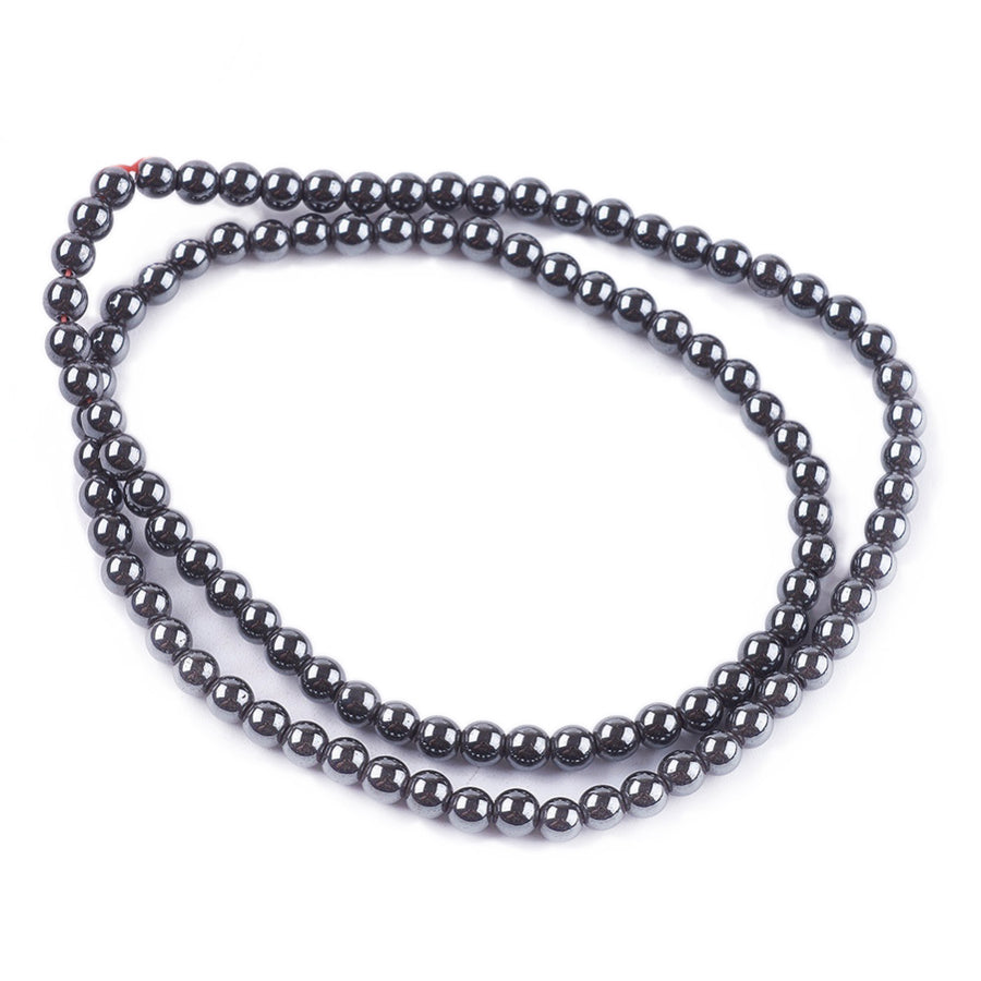 Premium Magnetic Hematite Beads, Round, Metallic Gunmetal Color. Semi-Precious Stone Beads for Jewelry Making. Affordable Beads for Jewelry Making.  Size: 4mm Diameter, Hole: 0.5mm, approx. 92pcs/strand, 14.5 Inches Long.  Material: Magnetic Hematite Bead Strands. Metallic Black/Gunmetal Colored Stone Beads. Polished, Shinny Metallic Lustrous Finish.