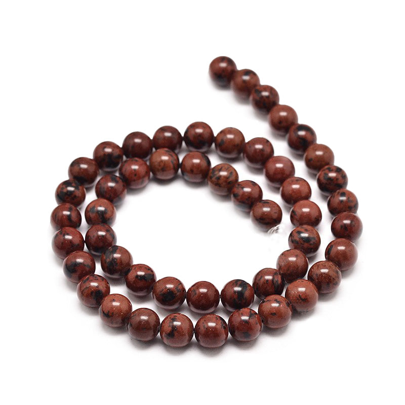 Natural Mahogany Obsidian Beads, Round, Mahogany Brown Color. Semi-Precious Gemstone Beads for DIY Jewelry Making.    Size: 8mm Diameter, Hole: 1mm, approx. 47 pcs/strand, 15.5" inches long.  Material: Genuine Mahogany Obsidian Loose Gemstone Beads. Mahogany Reddish Brown Color with Black Markings. Polished, Shinny Finish.   