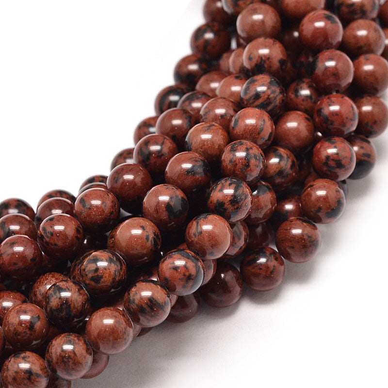 Natural Mahogany Obsidian Beads, Round, Mahogany Brown Color. Semi-Precious Gemstone Beads for DIY Jewelry Making.    Size: 8mm Diameter, Hole: 1mm, approx. 47 pcs/strand, 15.5" inches long.  Material: Genuine Mahogany Obsidian Loose Gemstone Beads. Mahogany Reddish Brown Color with Black Markings. Polished, Shinny Finish.   