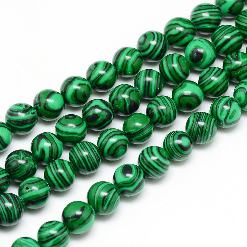 Synthetic Malachite Beads, Round, Dark Green Color. Semi-precious Stone Beads for DIY Jewelry Making.  Size: 8mm in Diameter, Hole: 1mm, approx. 48pcs/strand, 14.5" Inches Long.  Material: Synthetic Malachite Beads, dyed Dark Green Color. Smooth, Shinny Finish.