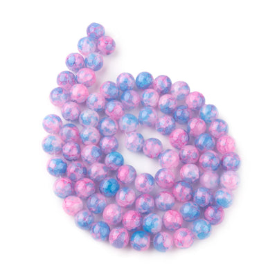 Marble Painted Crackle Glass Beads, Round, Cotton Candy Blue/Pink Color. Glass Bead Strands for DIY Jewelry Making.   Size: 8-8.5mm Diameter Hole: 1mm; approx. 100pcs/strand, 31" Inches Long.  Material: The Beads are Made from Glass Painted Crackle Pattern. Marble Glass Beads. Polished, Shinny Finish.