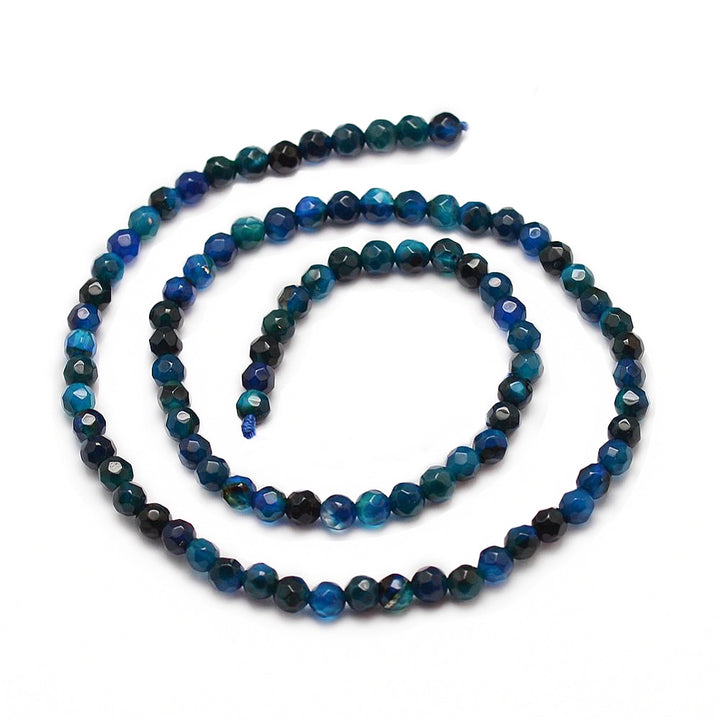 Faceted Marine Blue Striped Agate Beads, Round, Blue Banded Agate. Semi-Precious Gemstone Beads for Jewelry Making.   Size: 4mm Diameter, Hole: 0.8mm; approx. 90-92pcs/strand, 14" Inches Long.  Material: Natural Faceted Striped Banded Agate Beads dyed Marine Blue Color. Polished, Shinny Finish.