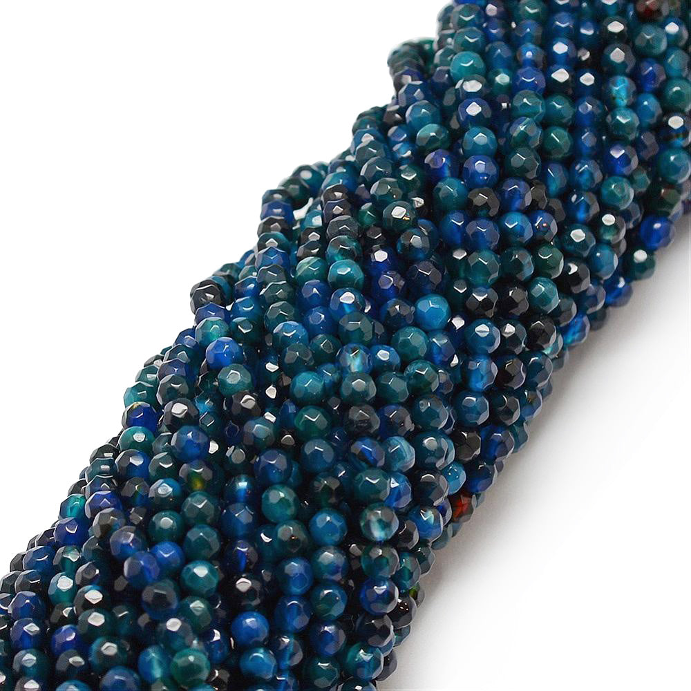 Faceted Marine Blue Striped Agate Beads, Round, Blue Banded Agate. Semi-Precious Gemstone Beads for Jewelry Making.   Size: 4mm Diameter, Hole: 0.8mm; approx. 90-92pcs/strand, 14" Inches Long.  Material: Natural Faceted Striped Banded Agate Beads dyed Marine Blue Color. Polished, Shinny Finish.