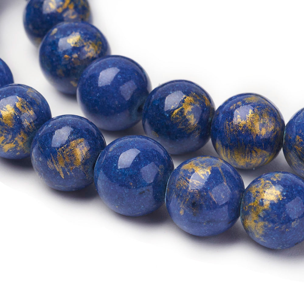 Blue Mashan Jade Beads, Round, Medium Blue Color with Gold Powder. Semi-Precious Crystal Gemstone Beads for Jewelry Making. Great for Stretch Bracelets.  Size: 10mm Diameter, Hole: 1.5mm; approx. 40-41pcs/strand, 16" inches long.  Material: Natural Mashan Jade, Dyed Gold Powdered Blue Color. Polished, Shinny Finish.