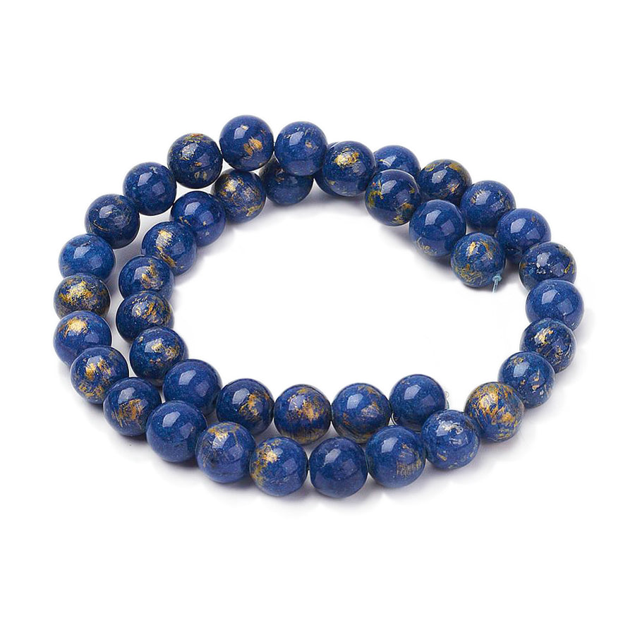 Stunning Mashan Jade Beads, Round, Medium Blue Color with Gold Powder. Semi-Precious Crystal Gemstone Beads for Jewelry Making.   Size: 4mm Diameter, Hole: 1mm; approx. 89pcs/strand, 16" inches long.  Material: Natural Mashan Jade, Dyed Gold Powdered Blue Color. Polished, Shinny Finish.