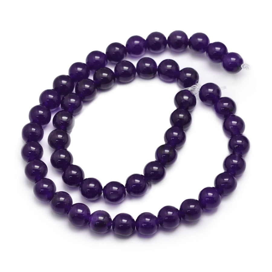 Mauve Jade Beads, Round, Purple Color. Semi-Precious Gemstone Beads for Jewelry Making.  Size: 8mm Diameter, Hole: 1mm; approx. 47pcs/strand, 15" inches long.  Material: Malaysia Jade, Dyed Indigo Purple. Polished, Shinny Finish.