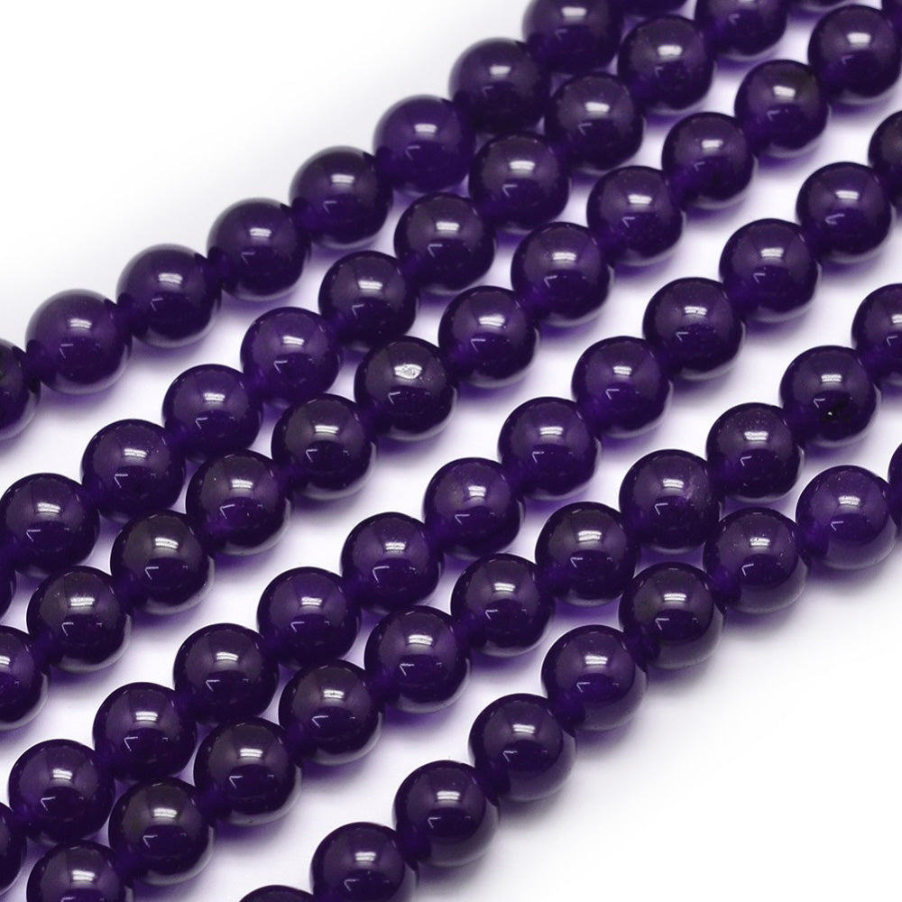 Mauve Jade Beads, Round, Purple Color. Semi-Precious Gemstone Beads for Jewelry Making.  Size: 8mm Diameter, Hole: 1mm; approx. 47pcs/strand, 15" inches long.  Material: Malaysia Jade, Dyed Indigo Purple. Polished, Shinny Finish.