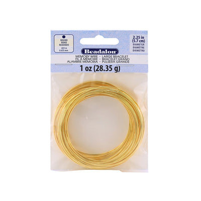 Beadalon Stainless Steel Memory Wire, Large Round Bracelet, Gold Color Memory Wire for DIY Jewelry Making.  Size: 2.25 in Diameter (5.7cm) Memory Wire QTY: 1 OZ. approx. 65 coils per/pack.  Color: Gold  Shape: Round  Material: Stainless Steel Memory Wire, Gold Color.  Brand: Beadalon