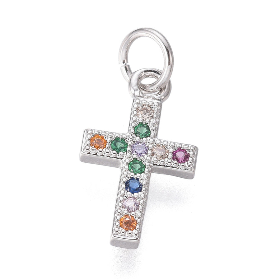 Brass Micro Pave Cubic Zirconia Silver Cross Charms, Silver Color with Colorful Cubic Zirconia. Charms for DIY Jewelry Making.   Size: 14mm Length, 8.5mm Width, 2.5mm Thick, Hole: 3mm, Quantity: 1pcs/package.  Material: Mixed Color Cubic Zirconia Brass Micro Pave Charms with Jump Ring. Silver Color. Shinny, Sparkle Finish. Durable and Sturdy, it can be used for a long time. 