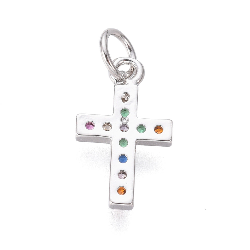 Brass Micro Pave Cubic Zirconia Silver Cross Charms, Silver Color with Colorful Cubic Zirconia. Charms for DIY Jewelry Making.   Size: 14mm Length, 8.5mm Width, 2.5mm Thick, Hole: 3mm, Quantity: 1pcs/package.  Material: Mixed Color Cubic Zirconia Brass Micro Pave Charms with Jump Ring. Silver Color. Shinny, Sparkle Finish. Durable and Sturdy, it can be used for a long time. 