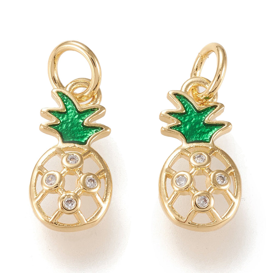 Brass Micro Pave Cubic Zirconia Pineapple Charms, Gold Color with Clear Cubic Zirconia and with Green Enamel. Charms for DIY Jewelry Making.   Size: 14mm Length, 8.5mm Width, 2.5mm Thick, Hole: 3mm, Quantity: 1pcs/package.  Material: Clear Color Cubic Zirconia Brass Micro Pave Charms with Jump Ring. Gold Color. Pineapple Shape with Green Enamel. 