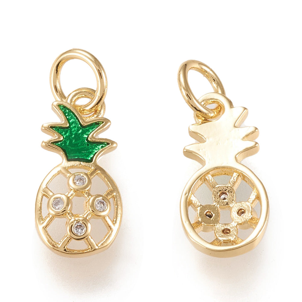 Brass Micro Pave Cubic Zirconia Pineapple Charms, Gold Color with Clear Cubic Zirconia and with Green Enamel. Charms for DIY Jewelry Making.   Size: 14mm Length, 8.5mm Width, 2.5mm Thick, Hole: 3mm, Quantity: 1pcs/package.  Material: Clear Color Cubic Zirconia Brass Micro Pave Charms with Jump Ring. Gold Color. Pineapple Shape with Green Enamel. 