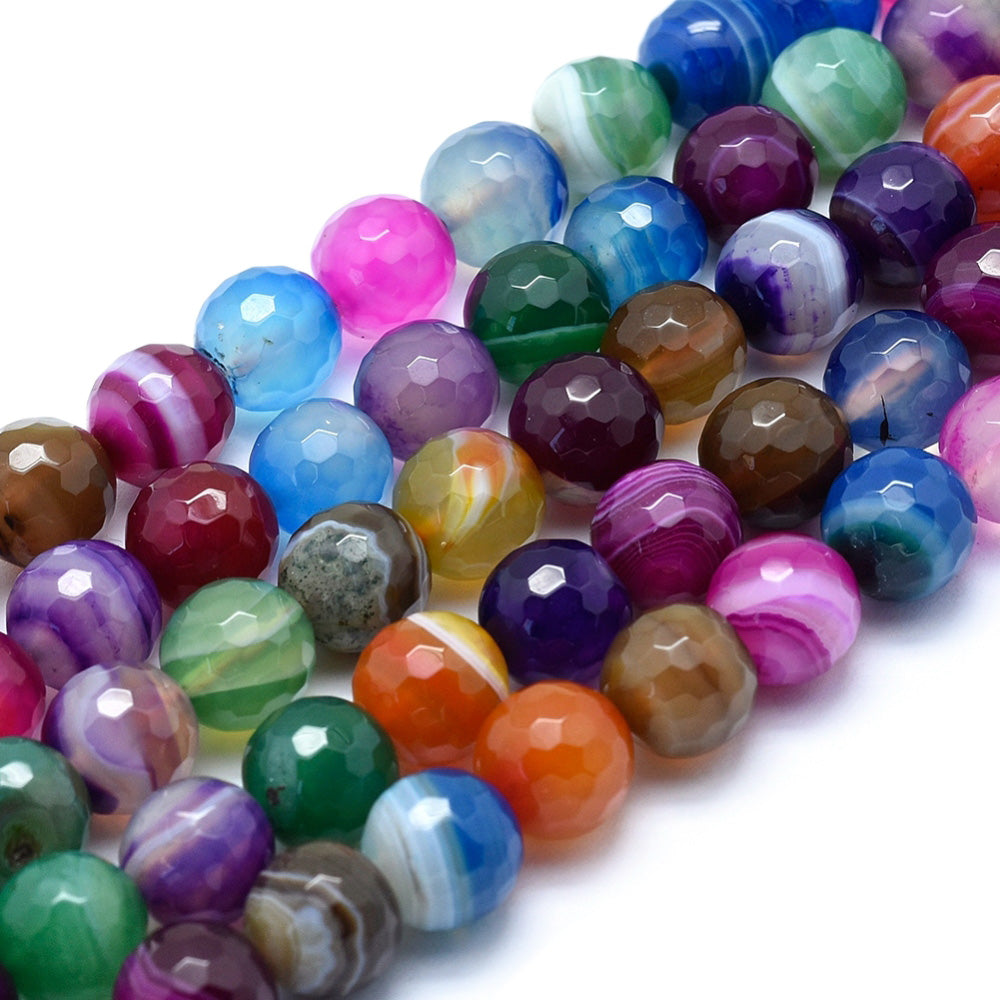 Faceted Agate Beads, Round, Dyed, Mixed Color Agate. Semi-Precious Gemstone Beads for Jewelry Making. Great for Stretch Bracelets and Necklaces.  Size: 8mm Diameter, Hole: 1mm; approx. 45pcs/strand, 14" Inches Long.  Material: Faceted Agate Stone Beads. Dyed, Multi-Color Beads. Polished, Shinny Finish.