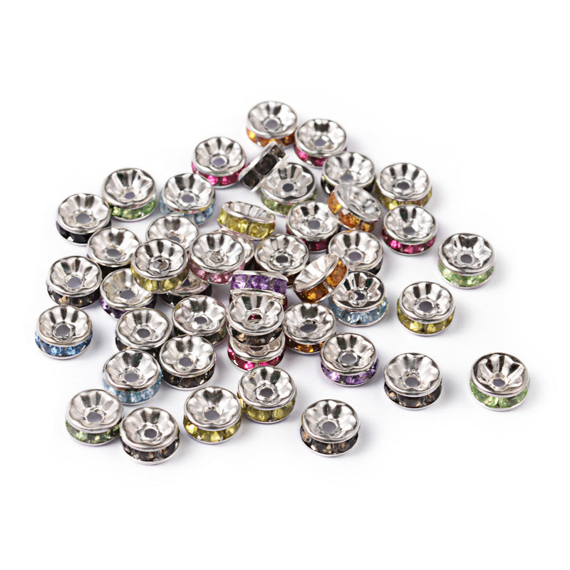 Mixed Color Crystal Rondelle Rhinestone Spacer Beads, Round, Silver Color, Shinny Silver Spacer Charm Beads for DIY Jewelry Making. Add Some Shine and Sparkle to Your Creations.  Size: 8mm in Diameter, 2.5mm Thick, Hole Size: approx. 2mm, approx. 50pcs/bag.  Material: Mixed Color Alloy Crystal Rhinestone Rondelle Spacer Beads. Each Spacer Bead Features 6 Sparkling Mini Crystals. Shinny Finish. 