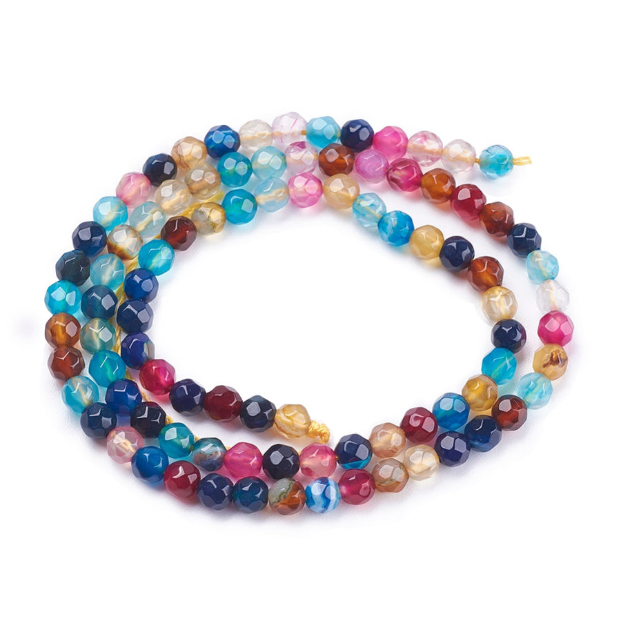 Faceted Agate Beads, Round, Dyed, Mixed Color Agate. Semi-Precious Gemstone Beads for Jewelry Making.   Size: 4mm Diameter, Hole: 0.5mm; approx. 91pcs/strand, 14" Inches Long.  Material: Faceted Agate Stone Beads. Dyed, Multi-Color Beads. Polished, Shinny Finish.