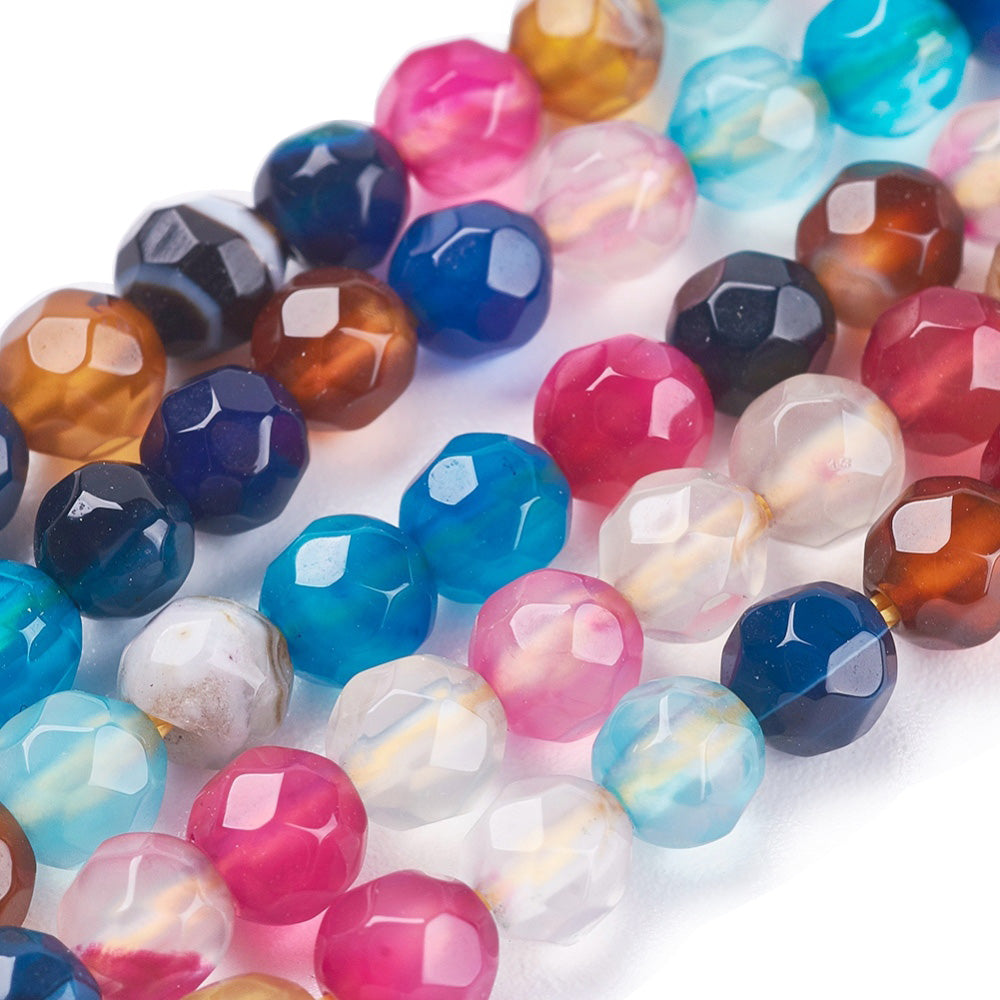 Faceted Agate Beads, Round, Dyed, Mixed Color Agate. Semi-Precious Gemstone Beads for Jewelry Making.   Size: 4mm Diameter, Hole: 0.5mm; approx. 91pcs/strand, 14" Inches Long.  Material: Faceted Agate Stone Beads. Dyed, Multi-Color Beads. Polished, Shinny Finish.