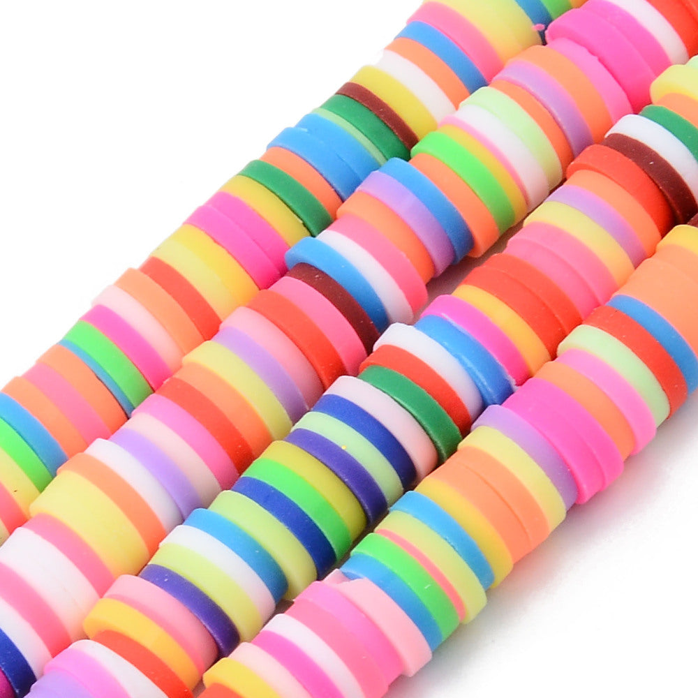 Handmade Polymer Clay Beads, Flat Disc Shape, Assorted Multi-Color. Polymer Clay Heishi Spacer Beads for DIY Jewelry Making Craft Supplies. Great for Stretch Bracelets. 6mm High Quality Polymer Clay, Heishi Loose Disc Beads. Bright, Vibrant, Mixed Color Multi-Color, Disc Shaped, Lightweight Beads. Smooth Finish. www.beadlot.com