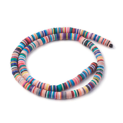 Handmade Polymer Clay Beads, Flat Disc Shape, Mixed Color. Polymer Clay Heishi Spacer Beads for DIY Jewelry Making Craft Supplies. Great for Friendship Stretch Bracelets and Hawaiian Necklace Making.  Size: 6mm Diameter, 1mm Thick, Hole:2mm, approx. 380pcs/strand, 17 Inches Long.