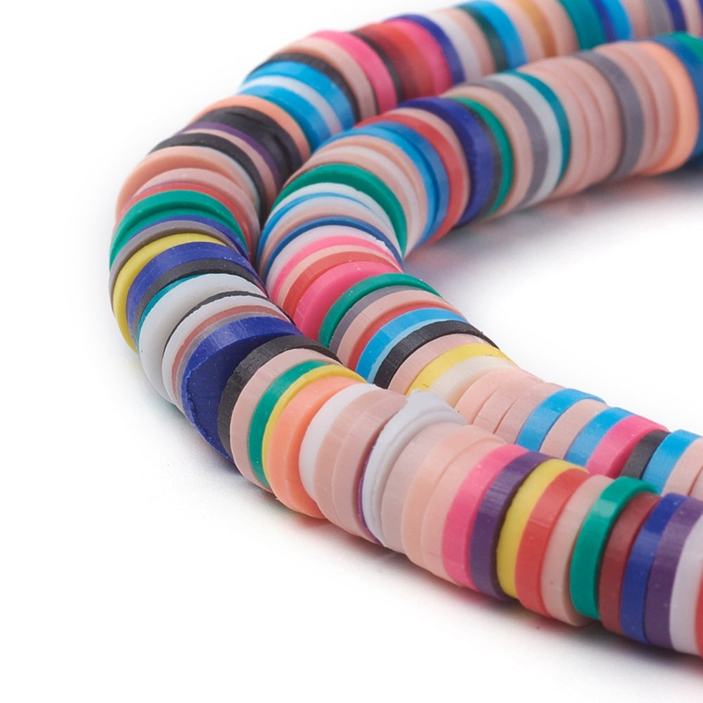 Handmade Polymer Clay Beads, Flat Disc Shape, Mixed Color. Polymer Clay Heishi Spacer Beads for DIY Jewelry Making Craft Supplies. Great for Friendship Stretch Bracelets and Hawaiian Necklace Making.  Size: 6mm Diameter, 1mm Thick, Hole:2mm, approx. 380pcs/strand, 17 Inches Long.