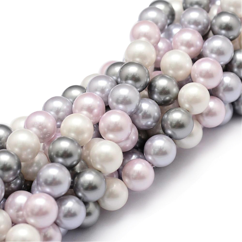 Shell Pearl Beads, Round, Mixed Color. High Quality Pearl Beads for Jewelry Making.  Size: 8mm Diameter, Hole: 1mm; approx. 50pcs/strand, 16 inches long.  Material: Premium Grade Shell Pearl Beads. Round, Mixed Color Loose Pearl Beads. Polished, Shinny Finish.