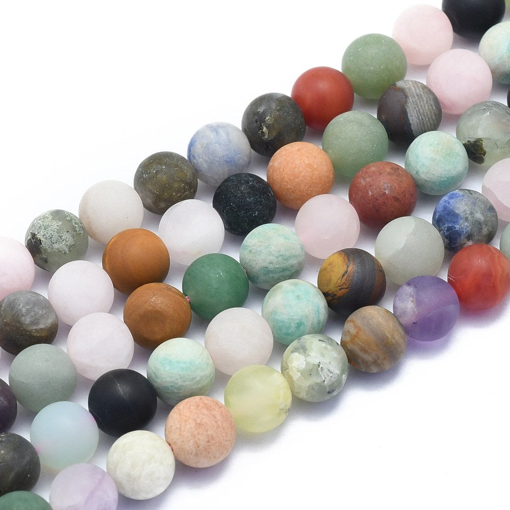 10mm Natural Mixed Gemstone Beads, Frosted, Round, Multi-Color. Colorful Semi-Precious Gemstone Beads for Jewelry Making. 