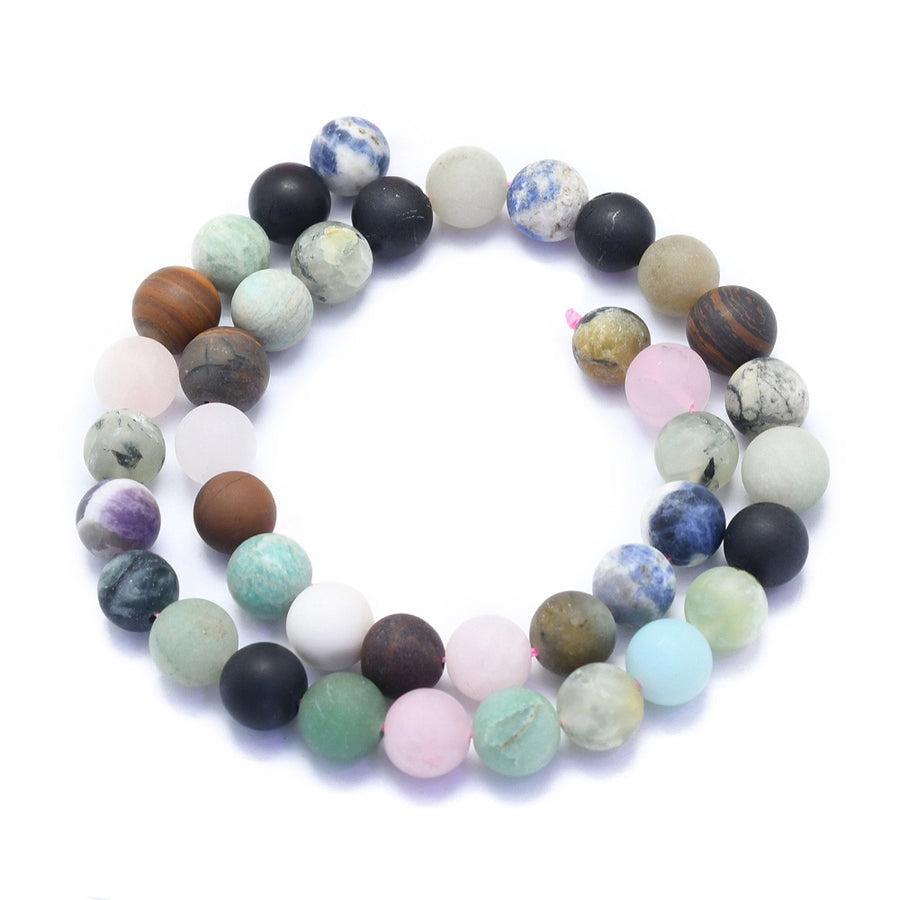 Natural Mixed Gemstone Beads, Frosted, Round, Multi-Color. Colorful Semi-Precious Gemstone Beads for Jewelry Making.   Size: 8mm Diameter, Hole: 0.8mm; approx. 46pcs/strand, 15.5" Inches Long.  Material: Genuine Mixed Gemstone Loose Gemstone Beads. Unpolished, Matte Finish.   beadlot
