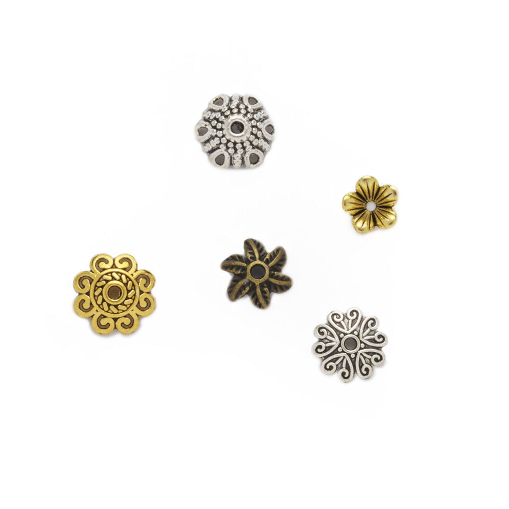 Mixed Shape Bead Cap, Cones and Spacer Beads. Mixed Color Bead Caps and Bead Spacers for DIY Jewelry Making Projects.   Size: Mixed Size, approx. 115pcs/package  Material: Alloy Flower Bead Caps. Mixed Color. Lead, Cadmium and Nickel Free.