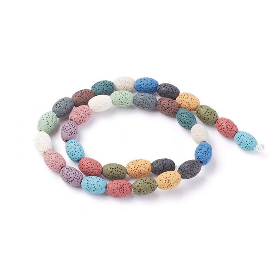 Multi-Colored Lava Stone Beads, Rice Shape, Playful, Vibrant Mixed Color Lava Beads. Semi-Precious Lava Stone Beads for Jewelry Making.   Size: 9mm Diameter, 11mm Length, Hole: 2mm; approx. 31-33pcs/strand, 14.5" inches long.  Material:  Natural Porous Lava Stone Beads, Dyed, Mixed Color Beads.