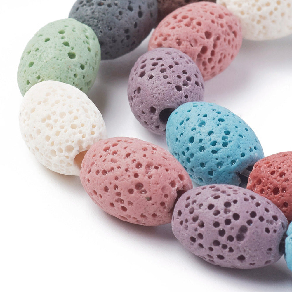 Multi-Colored Lava Stone Beads, Rice Shape, Playful, Vibrant Mixed Color Lava Beads. Semi-Precious Lava Stone Beads for Jewelry Making.   Size: 9mm Diameter, 11mm Length, Hole: 2mm; approx. 31-33pcs/strand, 14.5" inches long.  Material:  Natural Porous Lava Stone Beads, Dyed, Mixed Color Beads.