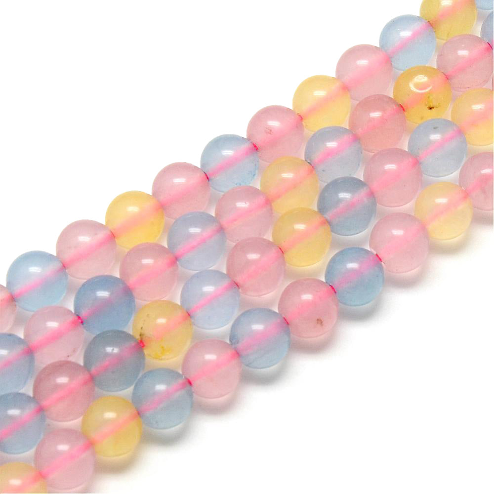 Natural Morganite Beads, Round, Pale Multi-Color. Semi-Precious Crystal Gemstone Beads for Jewelry Making. Great for Stretch Bracelets.  Size: 6mm in Diameter, Hole: 1mm; approx. 62pcs/strand, 15" Inches Long.  Material: Genuine Morganite Beads. Dyed Vibrant Morganite Colored Beads. Pale Mixed Colors. Polished, Shinny Finish.